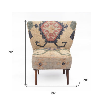 26" Beige Blue and Red  Jute Southwestern Wingback Chair