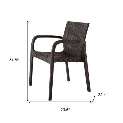 Set of Two Brown Faux Rattan Heavy Duty Plastic Outdoor Stacking Arm Chairs