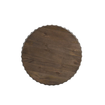 23" Brown Distressed Solid Wood Round Scalloped Drum End Table