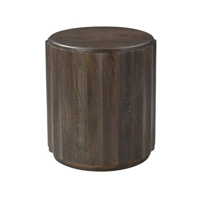 23" Brown Distressed Solid Wood Round Scalloped Drum End Table