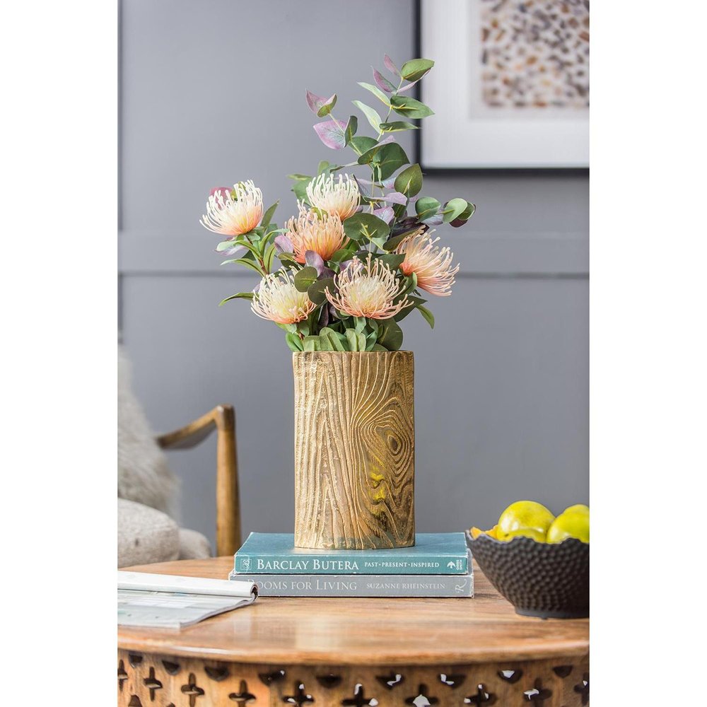 10" Gold Aluminum Oval Faux Wood Table Vase