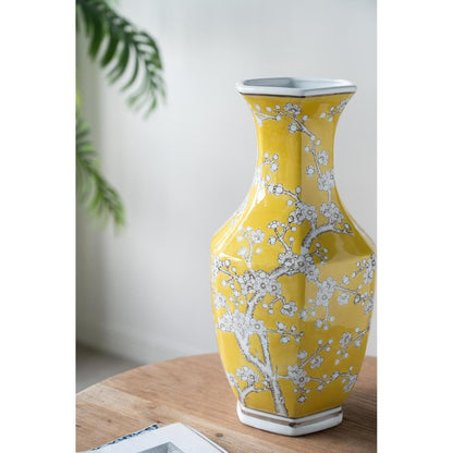 14" Yellow And White Chinoiserie Floral Porcelain Table Vase