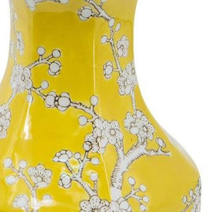 14" Yellow And White Chinoiserie Floral Porcelain Table Vase