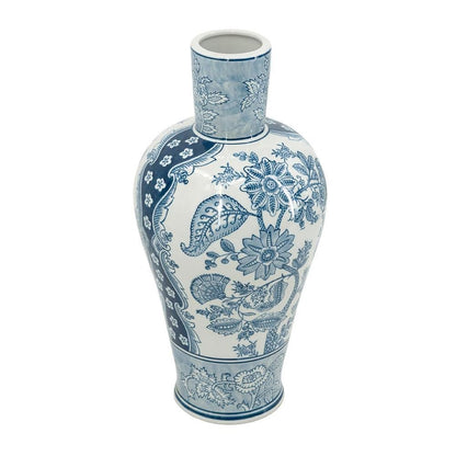 17" Light Blue And White Floral Round Porcelain Table Vase