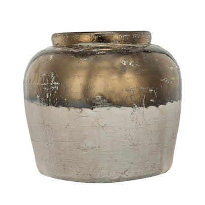 11" Antiqued Bronze And Light Gray Color Block Ceramic Round Table Vase