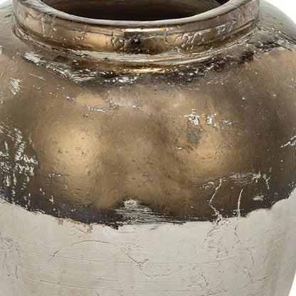 11" Antiqued Bronze And Light Gray Color Block Ceramic Round Table Vase