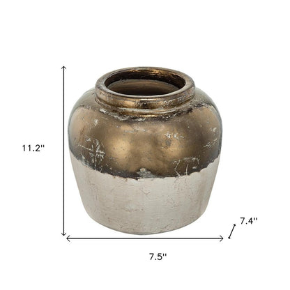 11" Antiqued Bronze And Light Gray Color Block Ceramic Round Table Vase