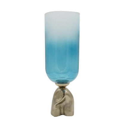 18" Blue White And Gold Ombre Glass And Aluminum Pedestal Table Vase