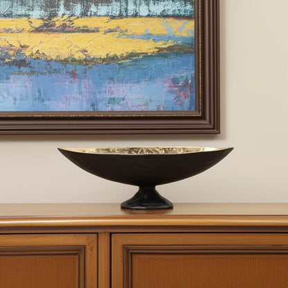 14" Black And Gold Aluminum Oval Pedestal Centerpiece Bowl
