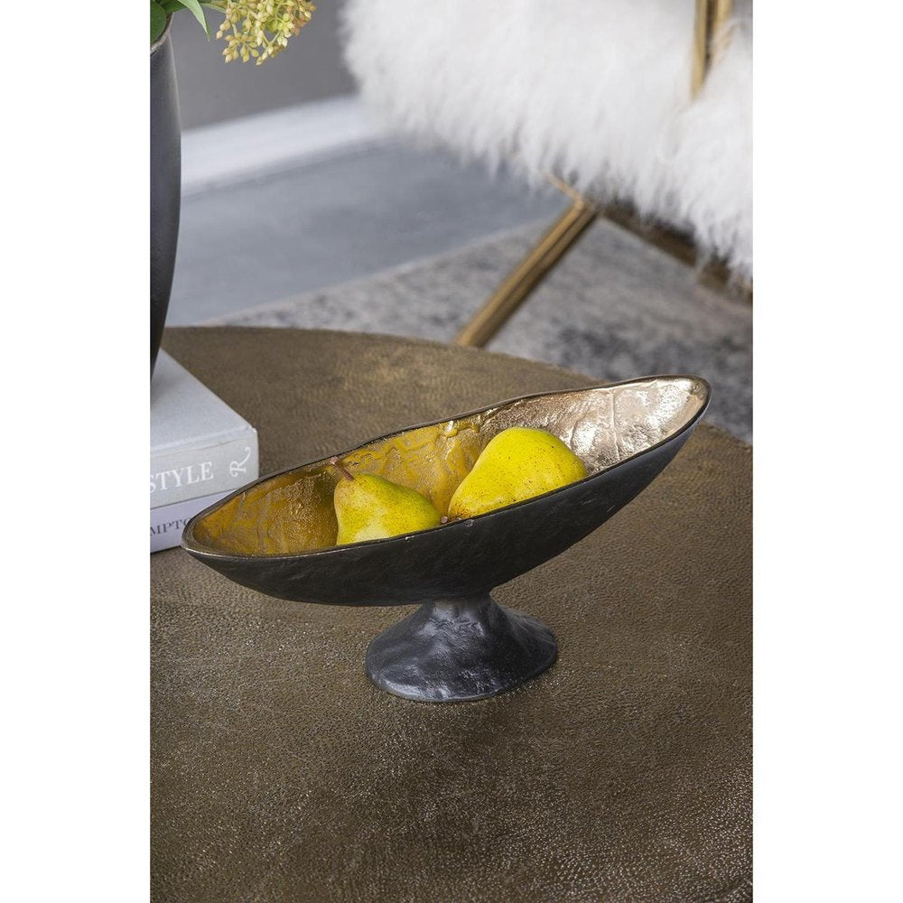 14" Black And Gold Aluminum Oval Pedestal Centerpiece Bowl