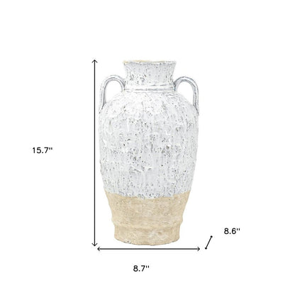 16" Beige And Ivory Amphora Terracotta Urn