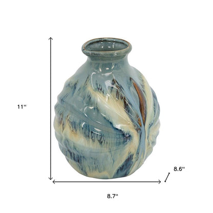 11" Blue Beige And Brown Abstract Round Ceramic Table Vase