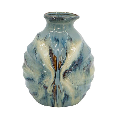 11" Blue Beige And Brown Abstract Round Ceramic Table Vase