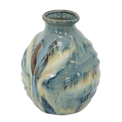 11" Blue Beige And Brown Abstract Round Ceramic Table Vase