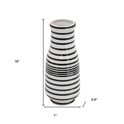 18" Black And White Hand Painted Stripe Ceramic Table Vase
