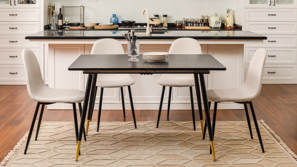 Set of Four Beige and Black Fabric and Metal Dining Side Chairs