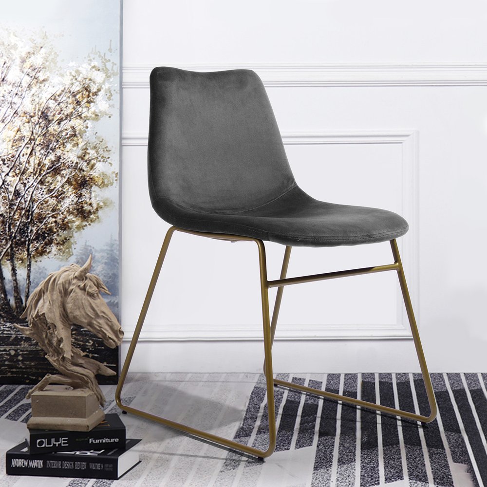 Set of Two Dark Green and Gold Velvet and Metal Dining Side Chairs