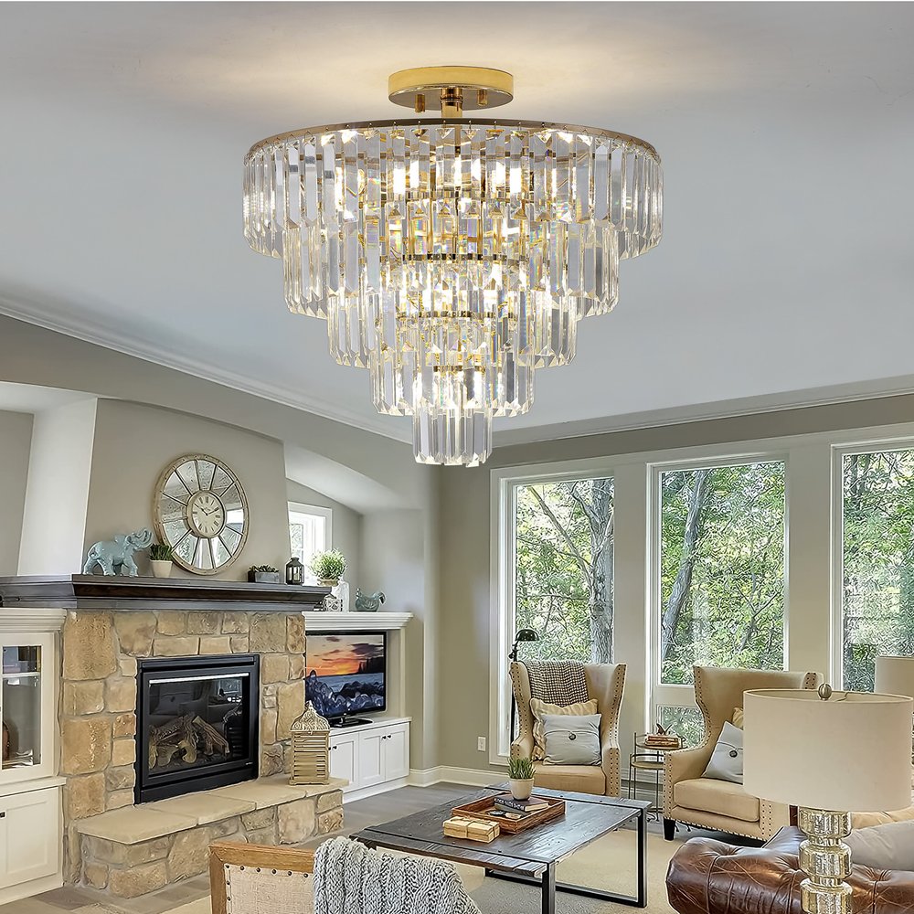 Gold Ten Light Metal Semi-Flush Chandelier With Gold Shades
