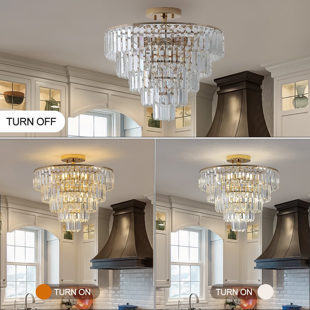 Gold Ten Light Metal Semi-Flush Chandelier With Gold Shades