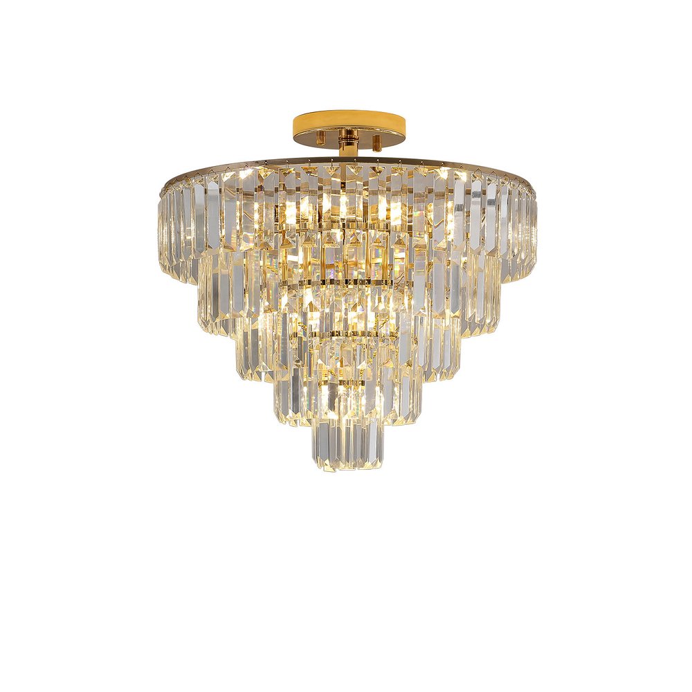 Gold Ten Light Metal Semi-Flush Chandelier With Gold Shades