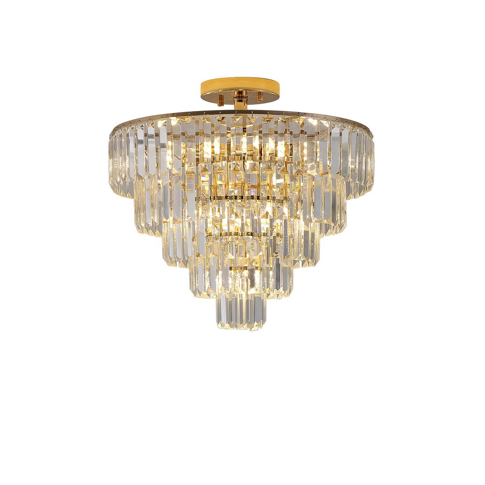 Gold Ten Light Metal Semi-Flush Chandelier With Gold Shades