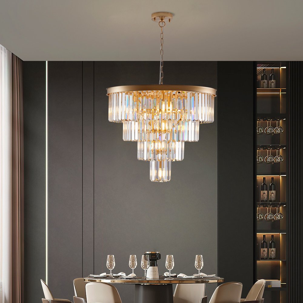 Gold Twelve Light Metal Chandelier With Gold Shades