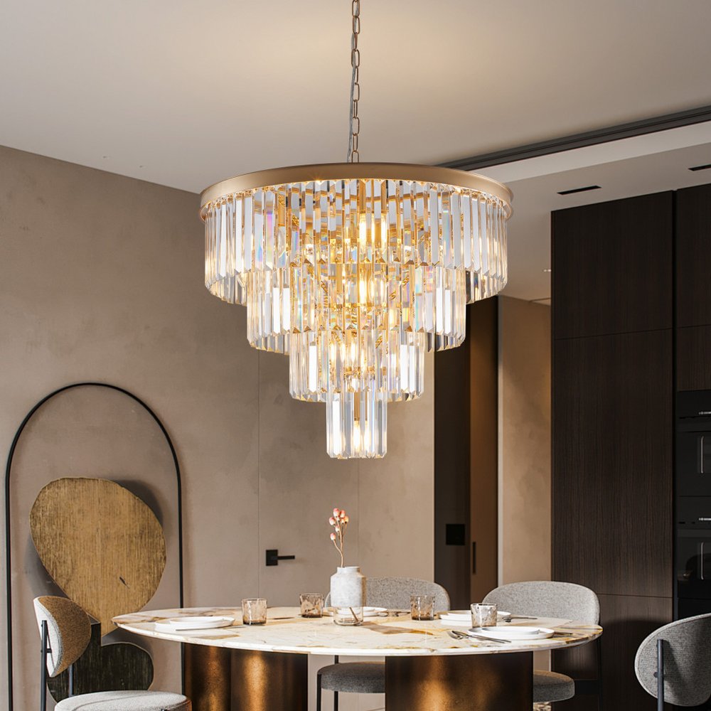Gold Twelve Light Metal Chandelier With Gold Shades
