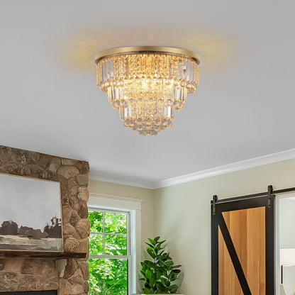 Gold Six Light Crystal Flush Chandelier With Gold Shades