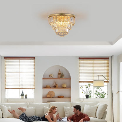 Gold Six Light Crystal Flush Chandelier With Gold Shades