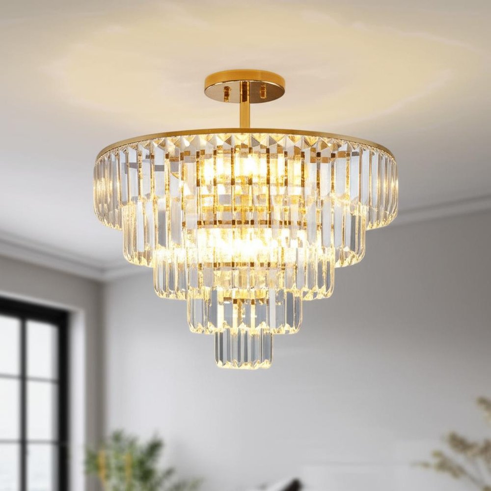 Gold Ten Light Metal Semi-Flush Chandelier With Gold Shades