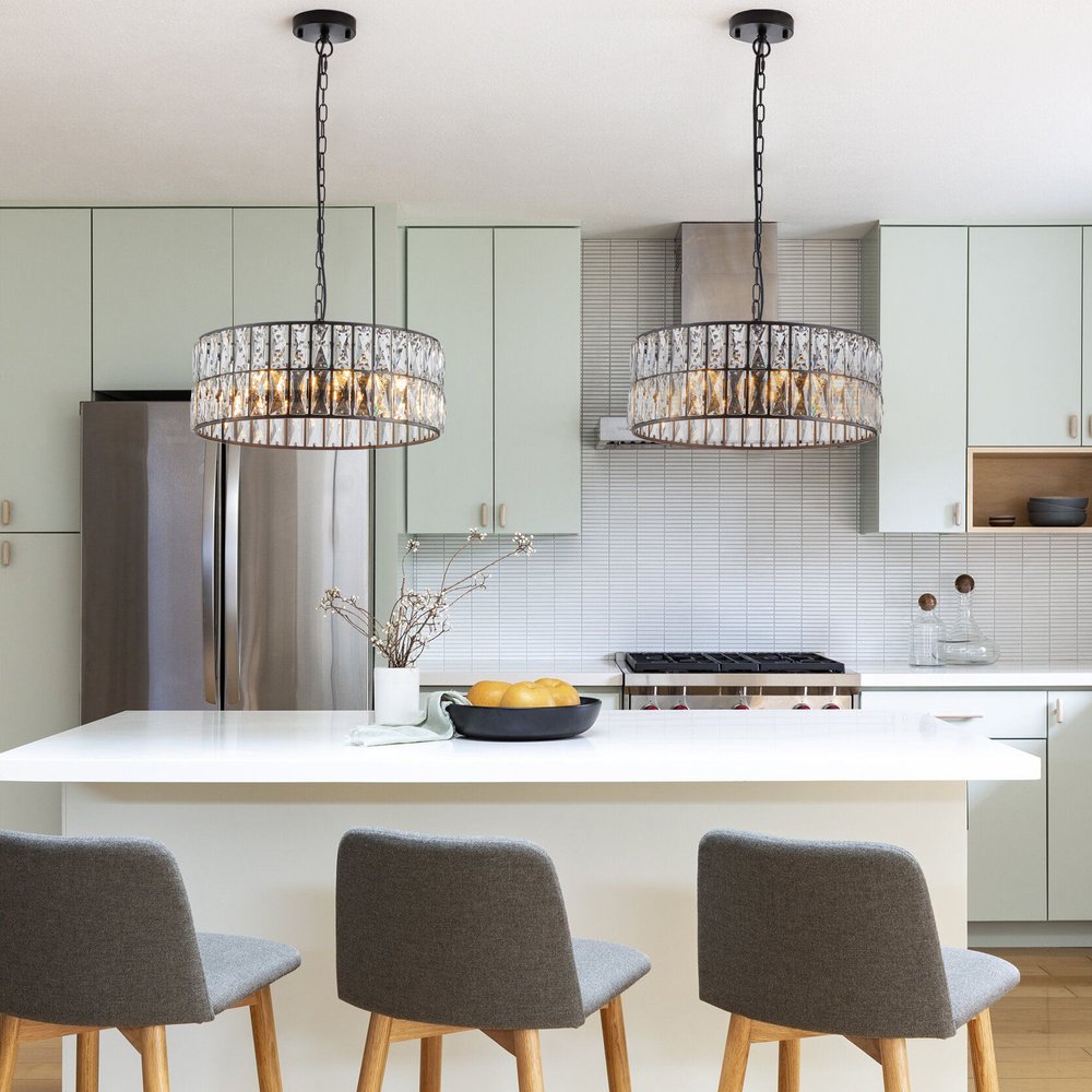 Black Six Light Metal Chandelier With Black Shades