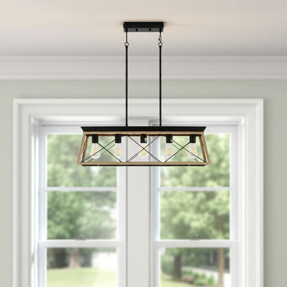 Oak Five Light Metal Chandelier With Oak Shades