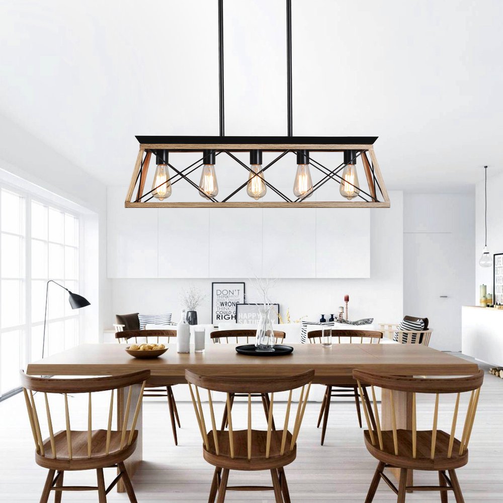 Oak Five Light Metal Chandelier With Oak Shades