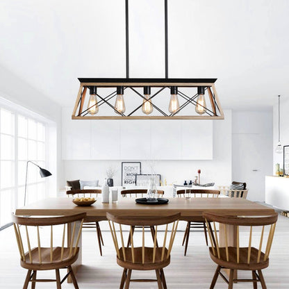 Oak Five Light Metal Chandelier With Oak Shades