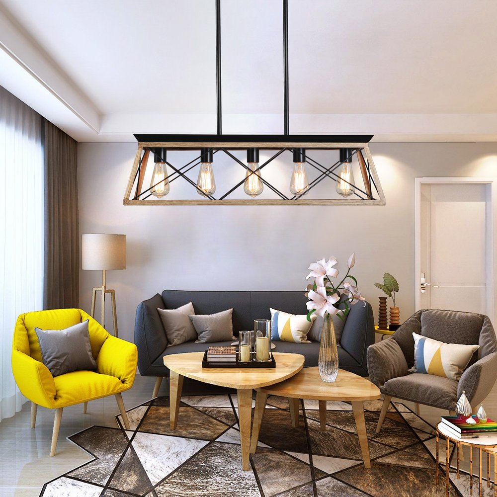 Oak Five Light Metal Chandelier With Oak Shades