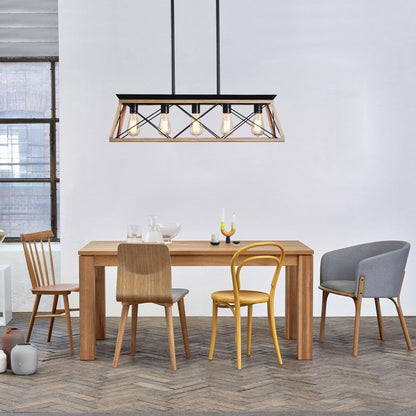 Oak Five Light Metal Chandelier With Oak Shades