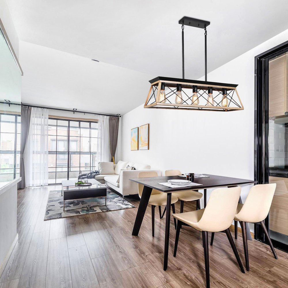 Oak Five Light Metal Chandelier With Oak Shades