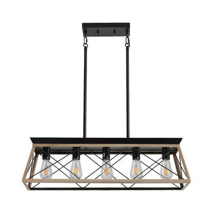 Oak Five Light Metal Chandelier With Oak Shades