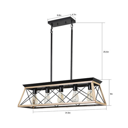 Oak Five Light Metal Chandelier With Oak Shades