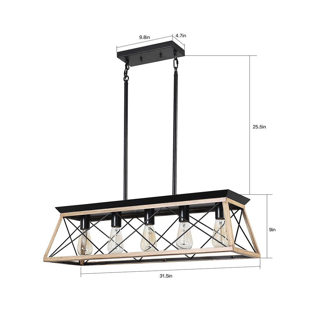 Oak Five Light Metal Chandelier With Oak Shades