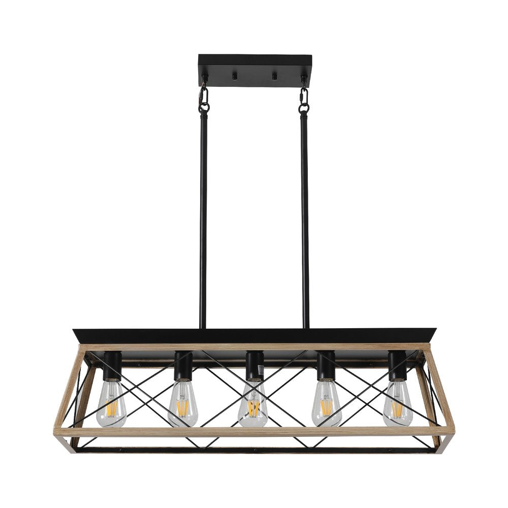 Oak Five Light Metal Chandelier With Oak Shades
