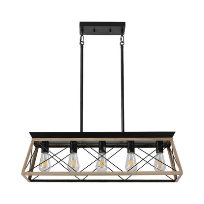 Oak Five Light Metal Chandelier With Oak Shades