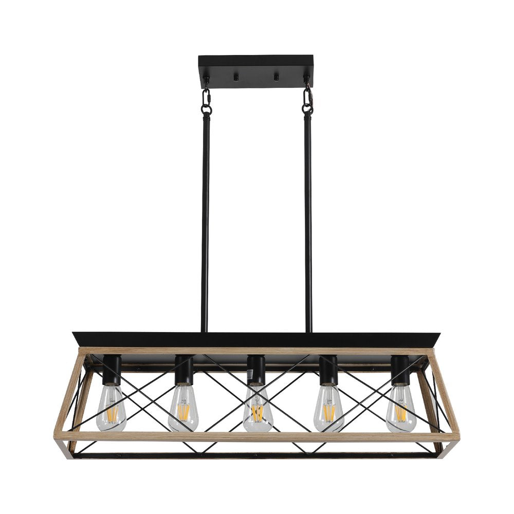 Oak Five Light Metal Chandelier With Oak Shades
