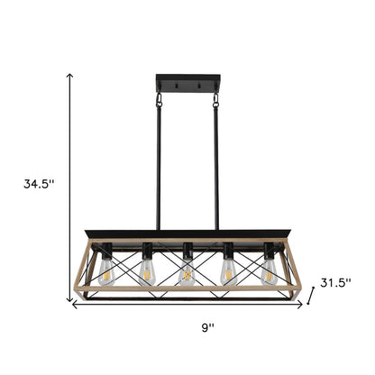 Oak Five Light Metal Chandelier With Oak Shades