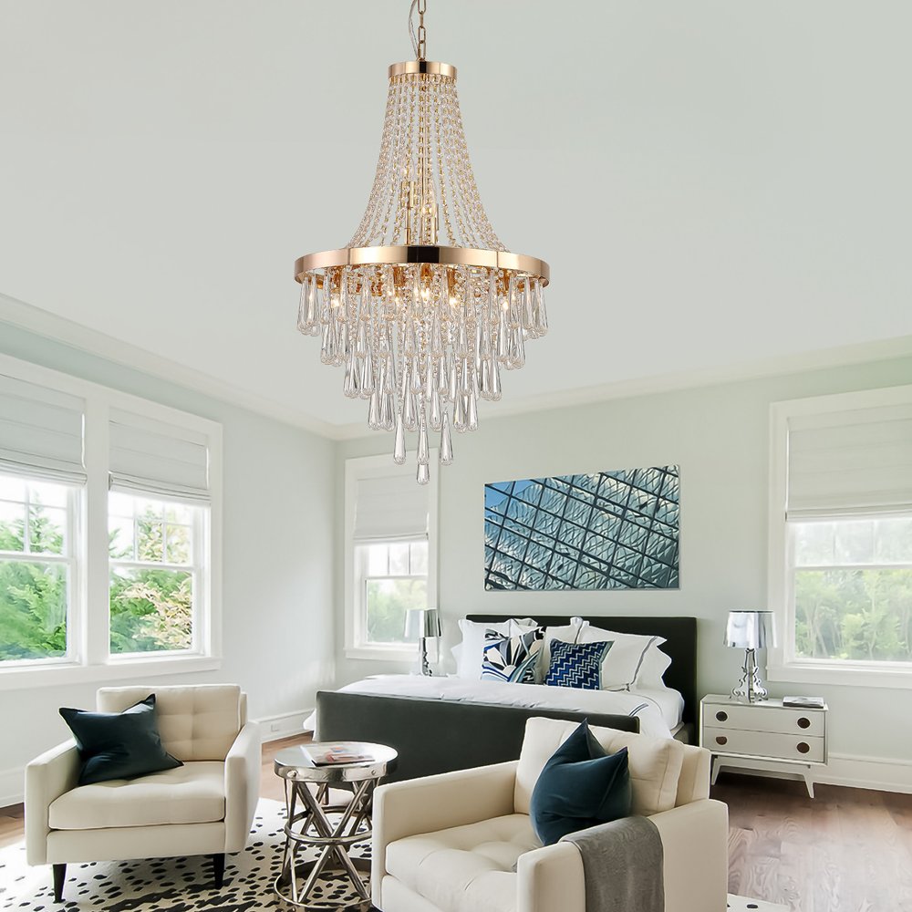 Gold Eleven Light Metal Chandelier With Gold Shades