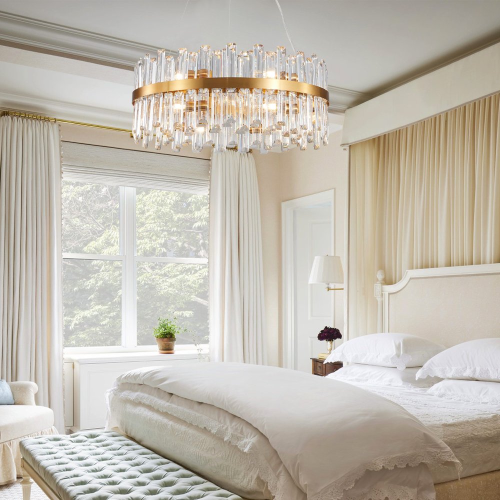 Gold Twelve Light Metal Chandelier With Gold Shades