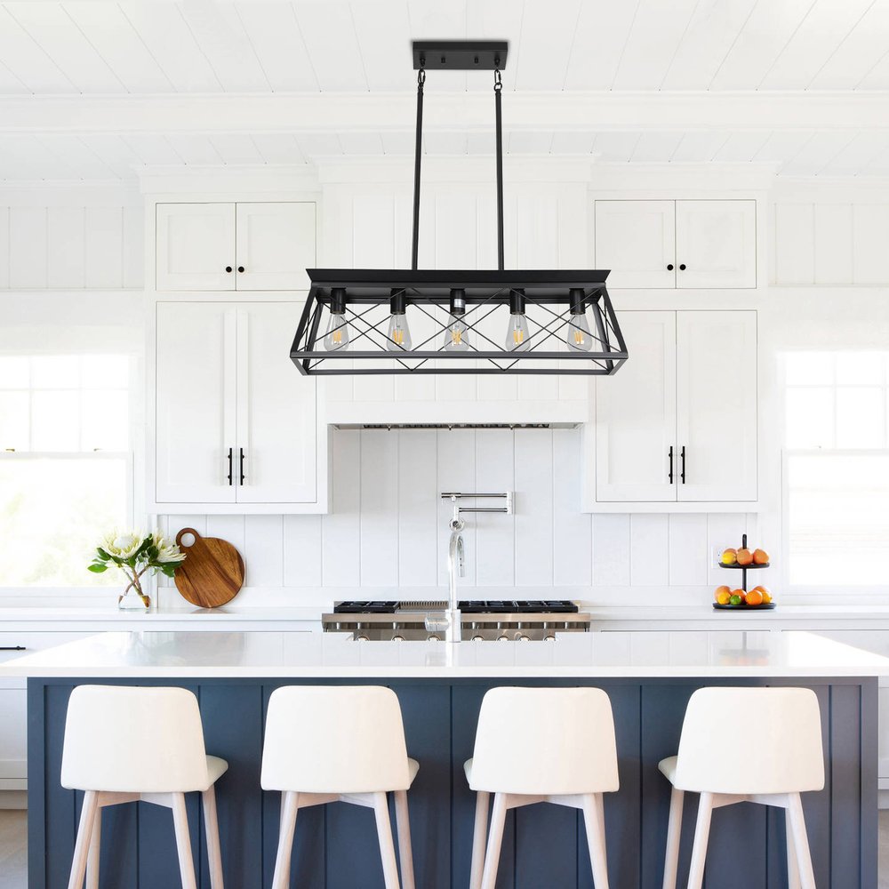 Black Five Light Metal Chandelier With Black Shades