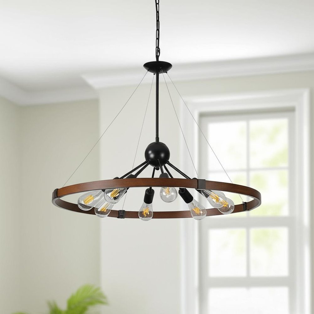 Brown Eight Light Metal Chandelier With Brown Shades