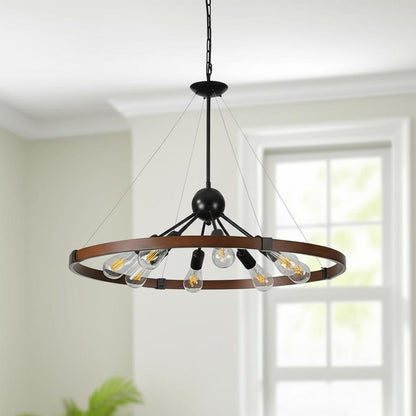 Brown Eight Light Metal Chandelier With Brown Shades