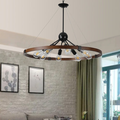Brown Eight Light Metal Chandelier With Brown Shades